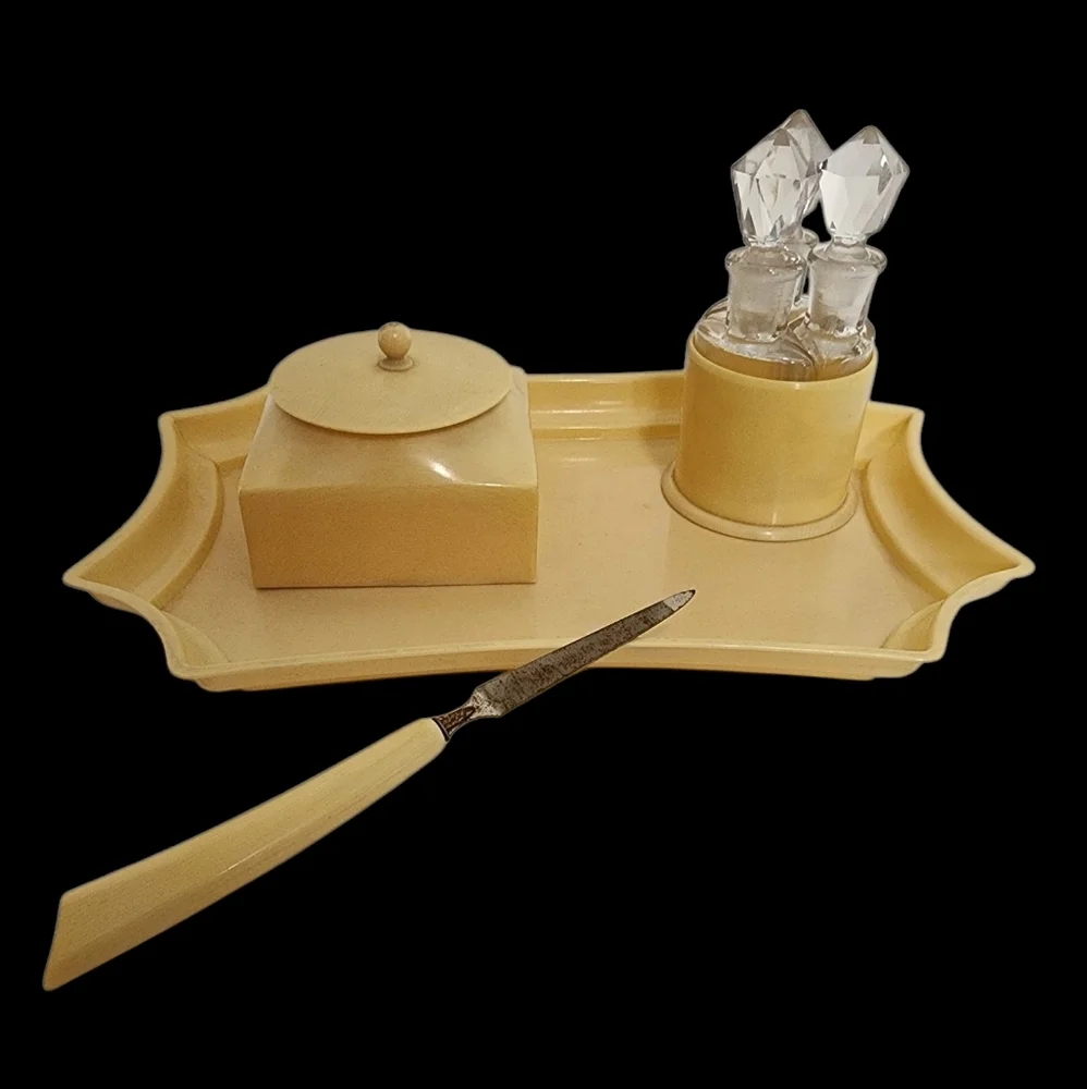 Vintage Celluloid Dresser 11 Piece Set Dresser Tray Powder Box Perfume Bottles..